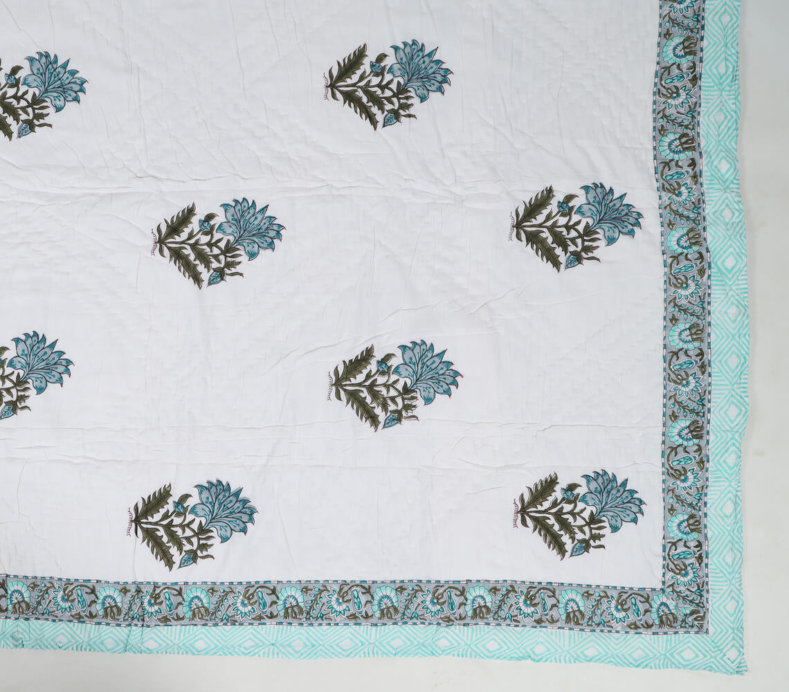 Hand Block Printed Reversible Floral Cotton Quilt