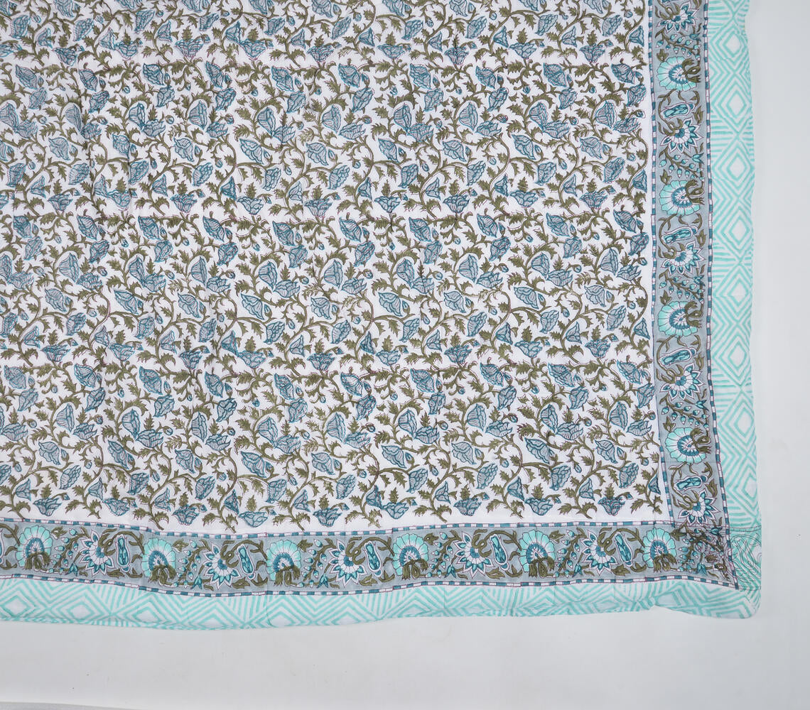 Hand Block Printed Reversible Floral Cotton Quilt