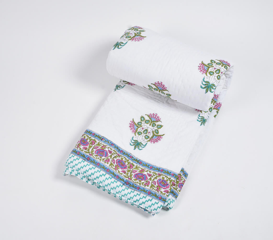 Hand Block Printed Reversible Floral Cotton Quilt