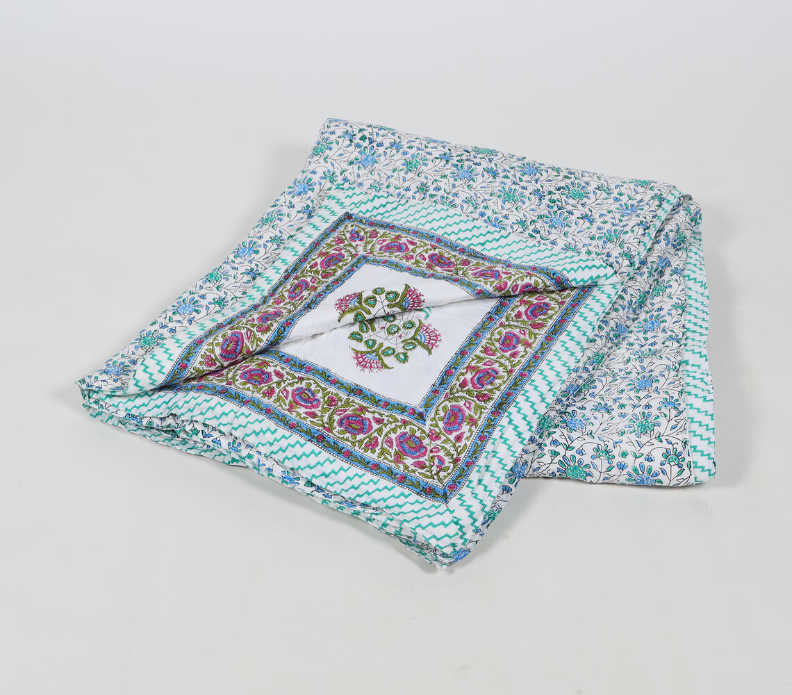 Hand Block Printed Reversible Floral Cotton Quilt