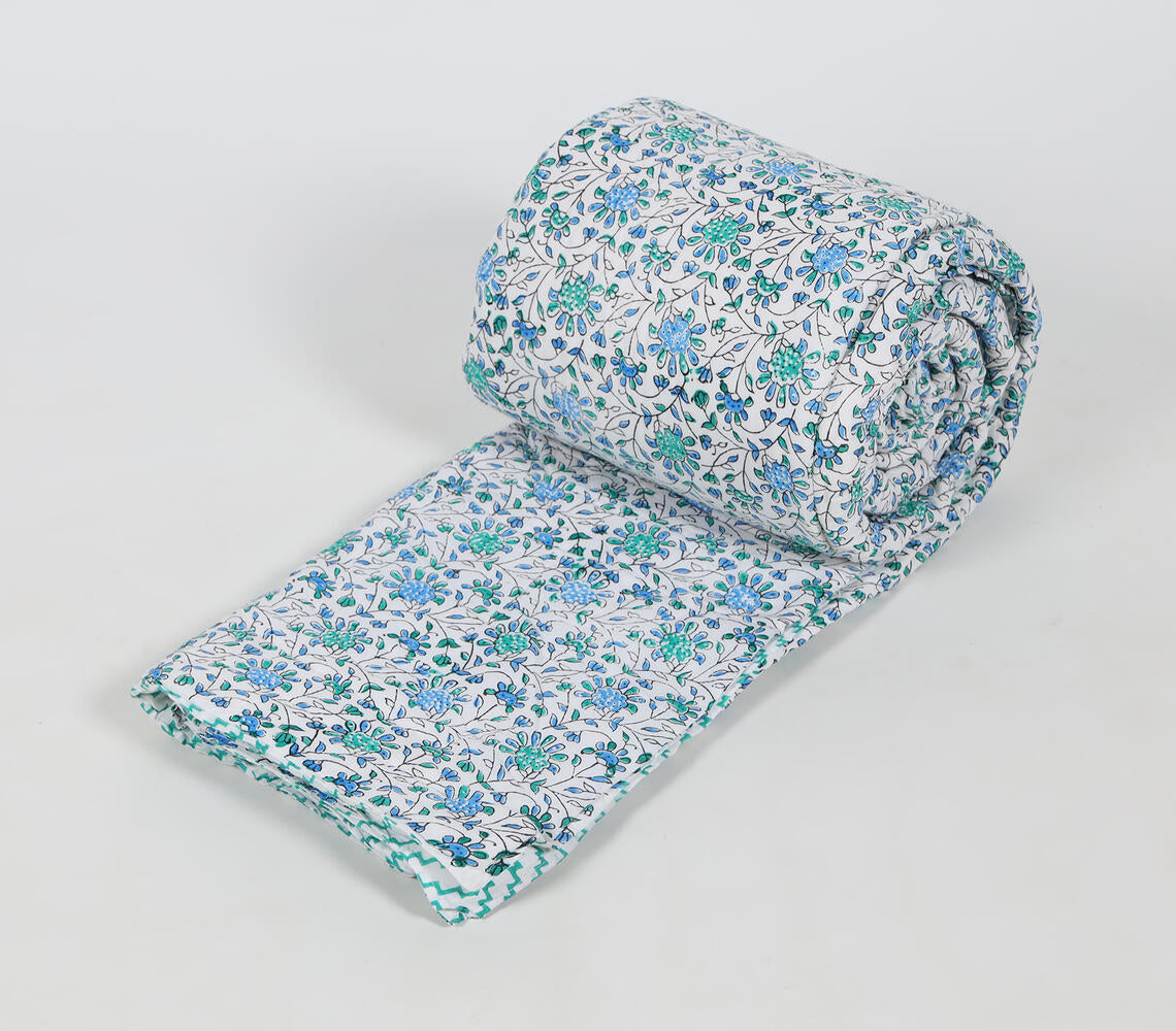 Hand Block Printed Reversible Floral Cotton Quilt