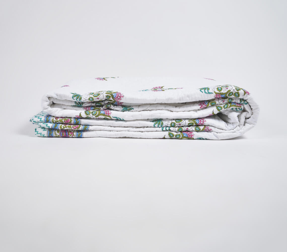 Hand Block Printed Reversible Floral Cotton Quilt