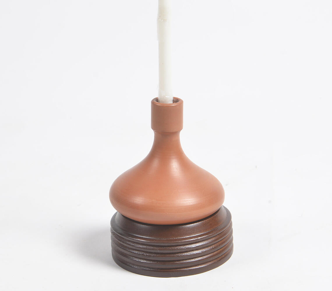 Earthy Terracotta Candle Holder with Wooden Stand