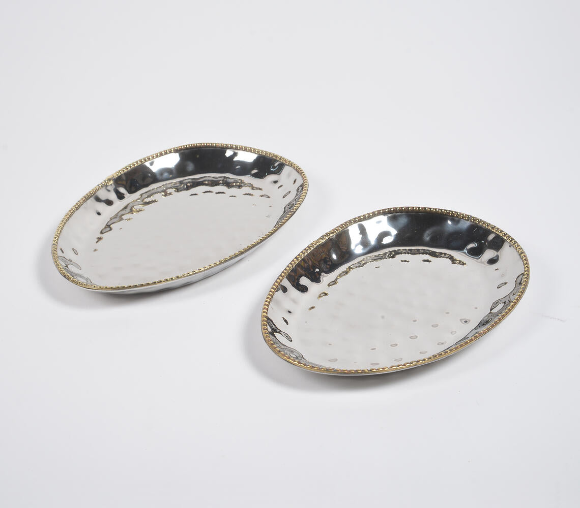 Hand Beaten Silver-Toned Iron Egg-Shaped Trays (set of 2)