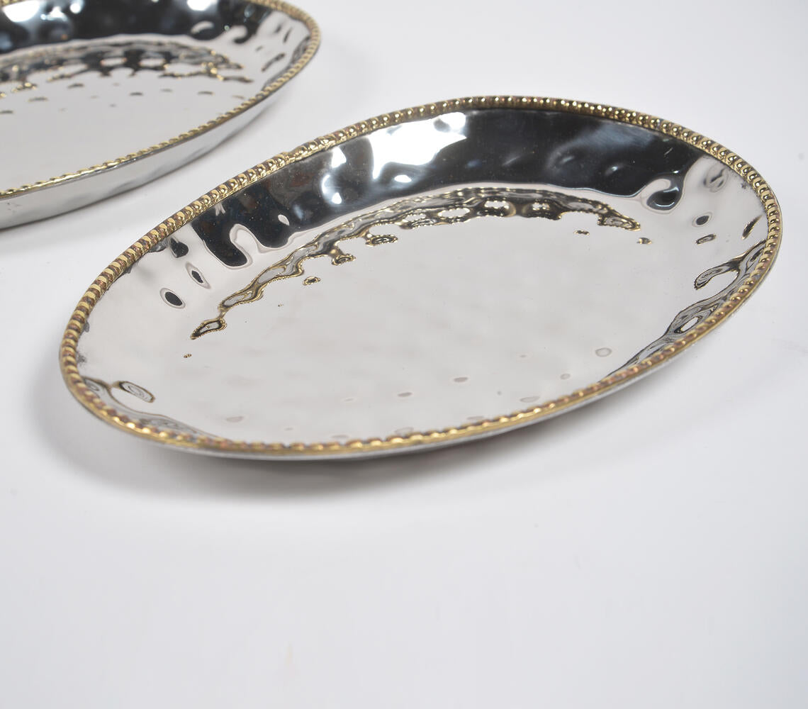 Hand Beaten Silver-Toned Iron Egg-Shaped Trays (set of 2)