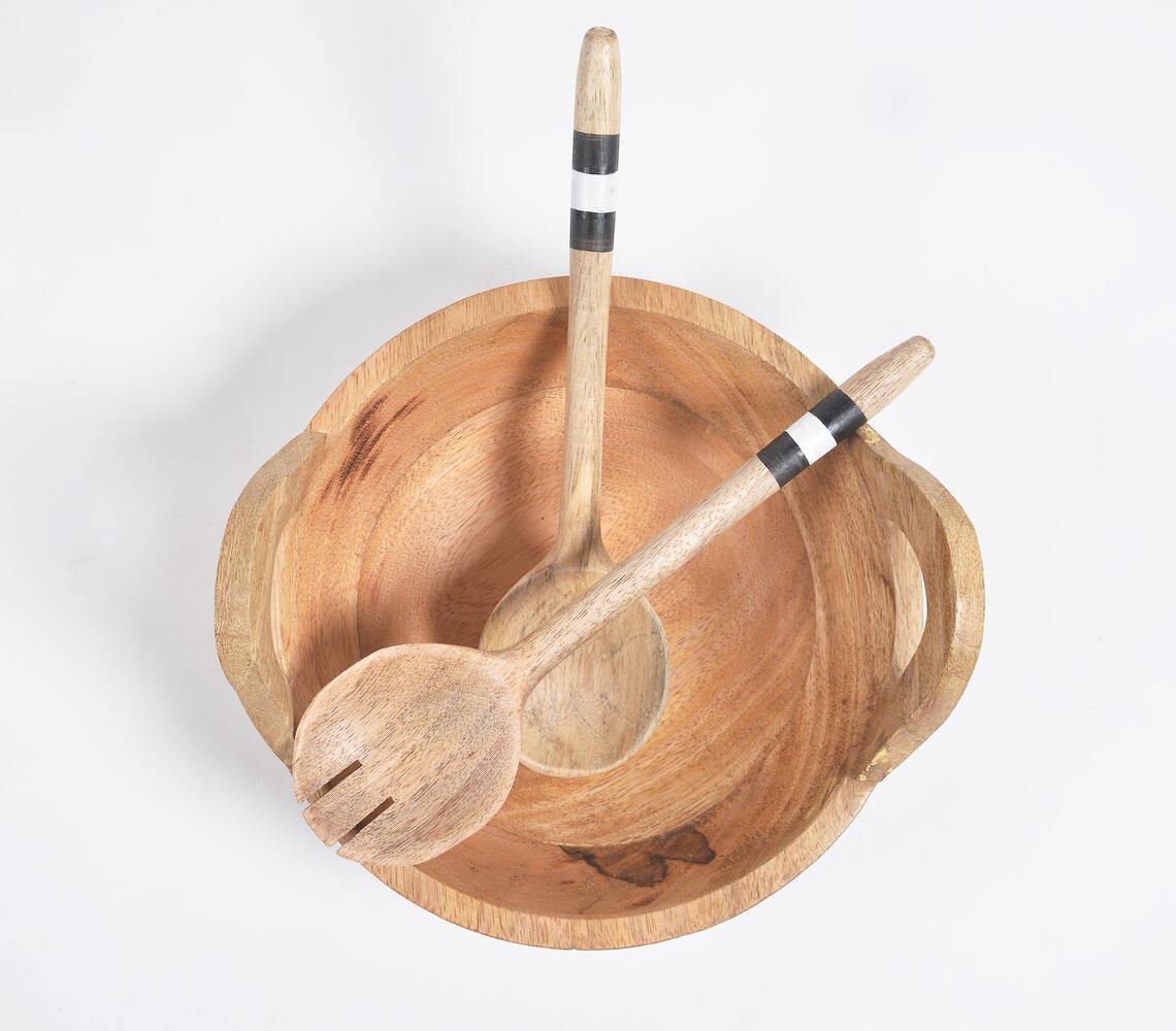 Turned & Striped Mango Wood Salad Bowl With Spoons