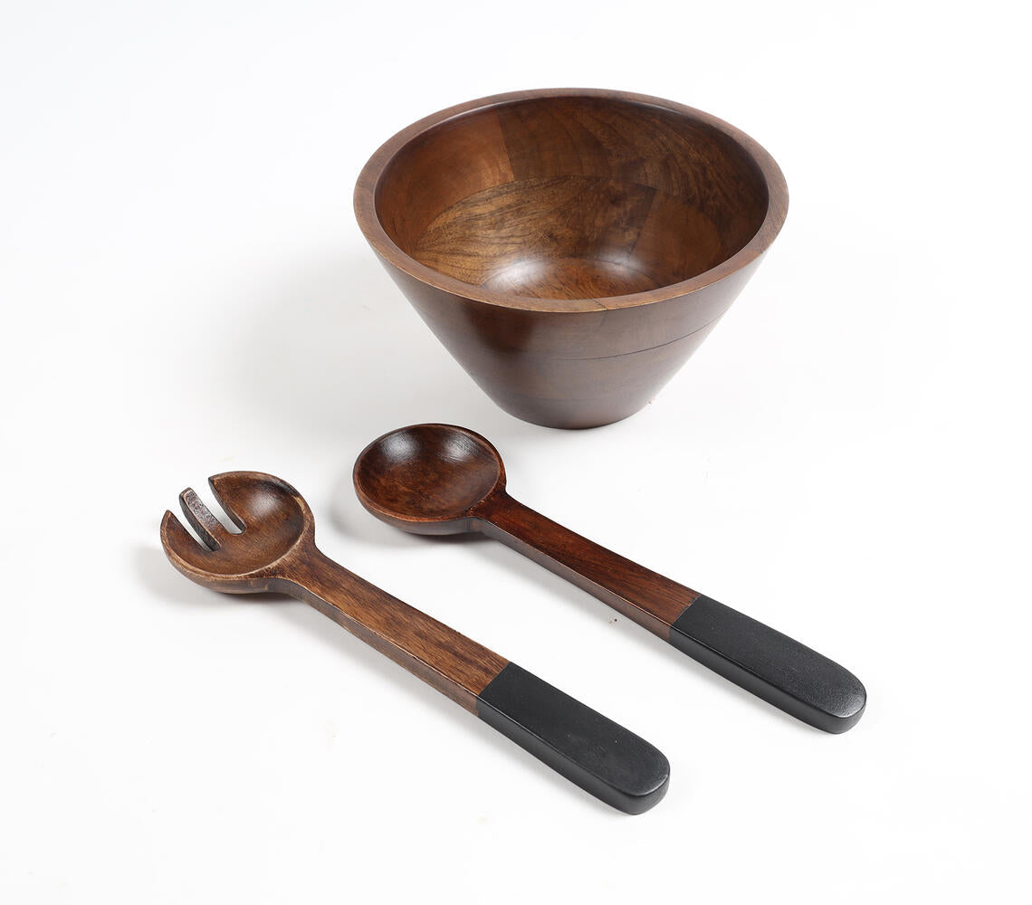 Earthy Turned Wooden Black Bowl & Spoons