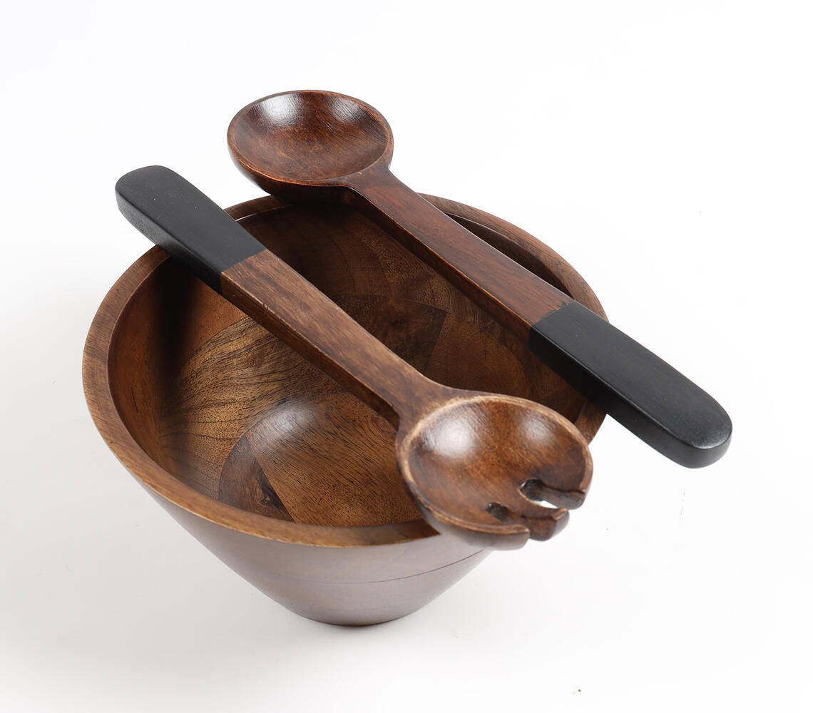 Earthy Turned Wooden Black Bowl & Spoons