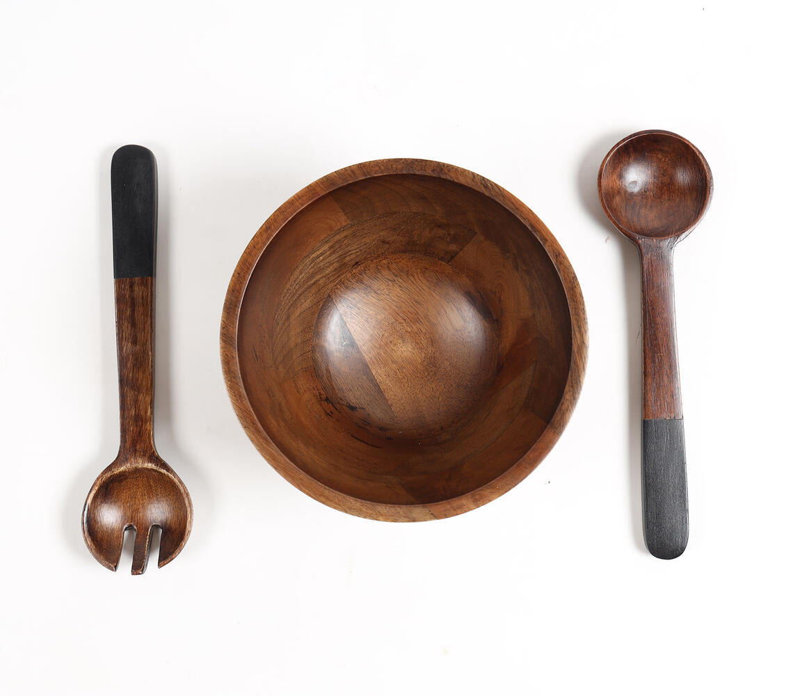 Earthy Turned Wooden Black Bowl & Spoons