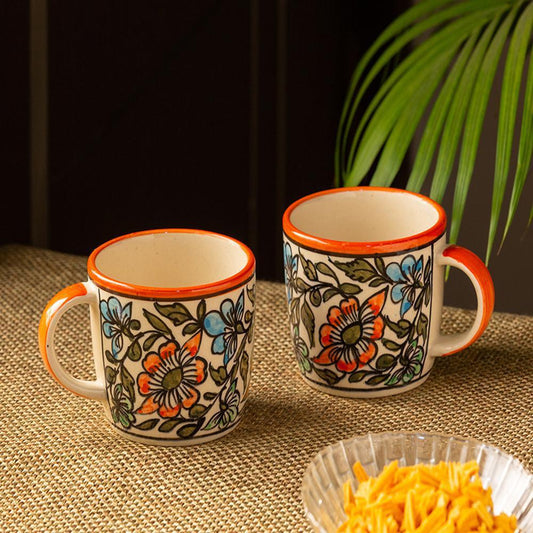 Hand Painted Ceramic Floral Coffee & Tea Mugs (Set of 2, 340 ml)